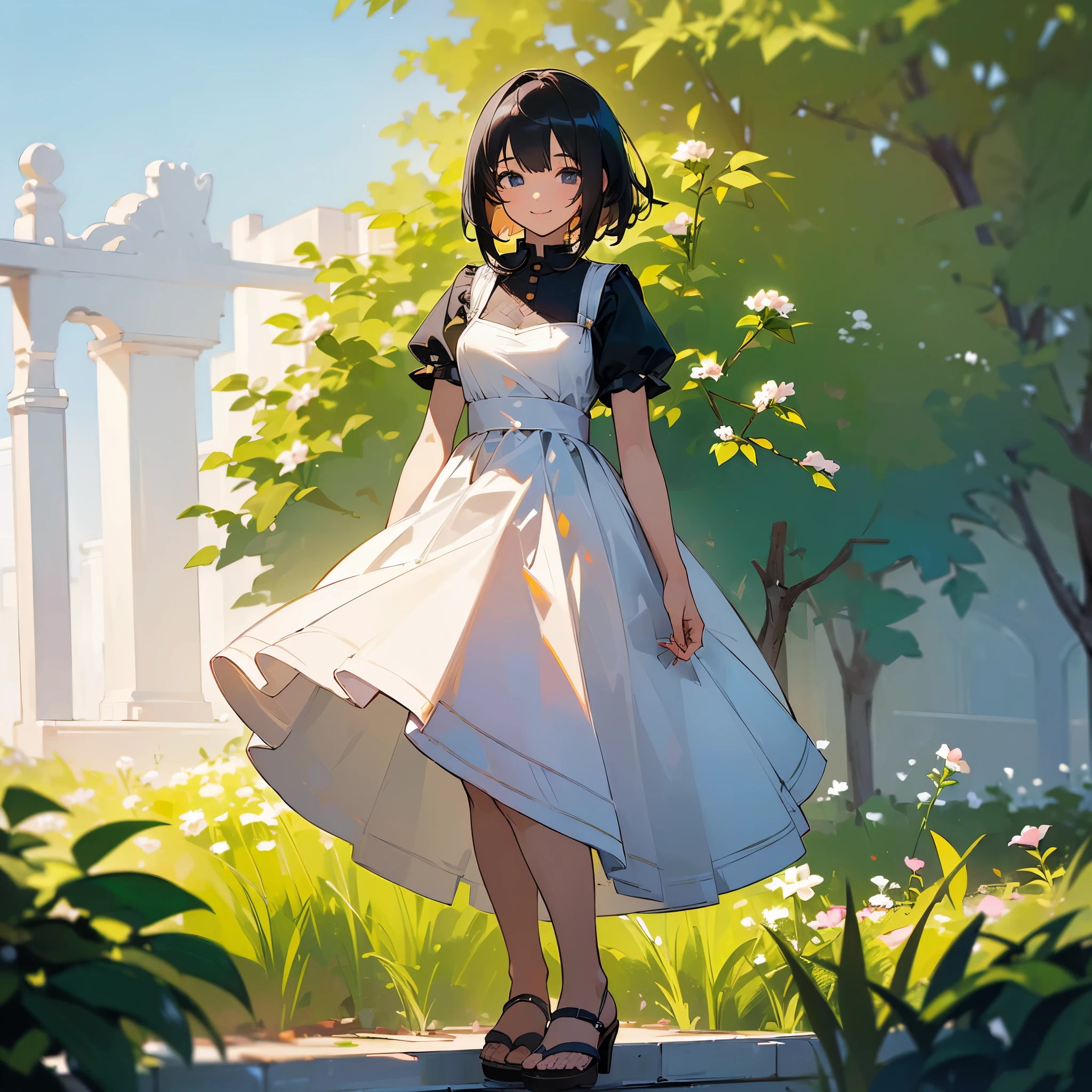 (high quality, High resolution, Very detailed, reality:1.37), Peaceful atmosphere, (Outdoor, garden), Teenage girl standing alone, (my breasts are big.), Beautiful details, Cute Smile, (Black bob hair), White short-sleeved dress, Sandals.