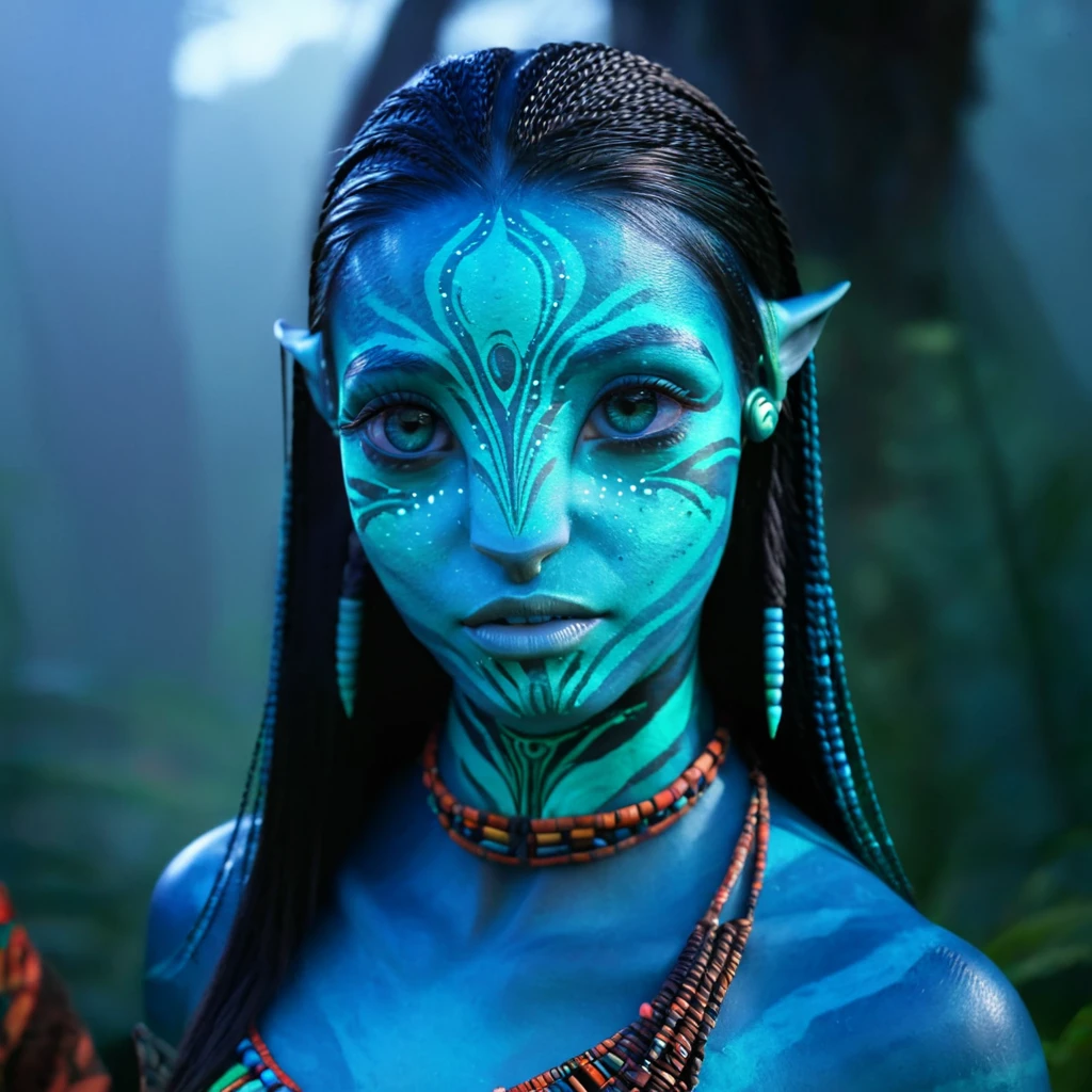 avatar style, (face portrait:1.6), na'vi, Lo'ak alike, 1girl, female, glowing green eyes, pointy ears, (dark blue skin tone:1.0), (straight hair:1.0), black hair color, ((long hair)), (young adult), 18 years old, face wrinkles, wearing colorful tribal clothing, (wearing tribal acessories), detailed eyes, toned body, muscled body, vibrant colors, glowing, ethereal atmosphere, surrealistic dreamy lighting, textured skin, otherworldly beauty, mesmerizing photography, (best quality, highres), vivid colors, ultrarealistic, skin details, striped skin, sfw, face close-up:0.5, ultradetailed body, ((blue skin))