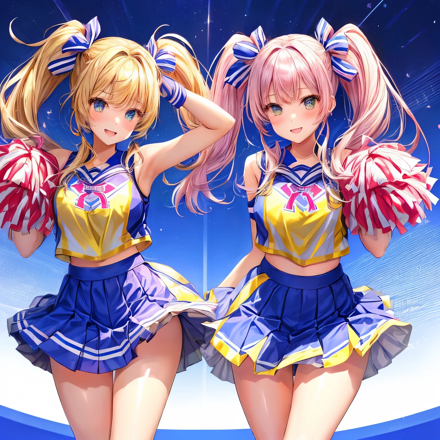 A twin sister, female,  wearing a cheerleader uniform, twintails