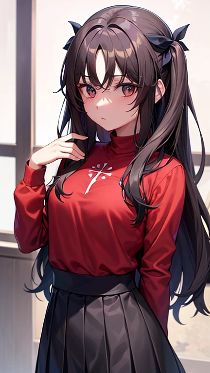 (Obra maestra), mejor calidad, ojos expresivos, cara perfecta, 1 chica, solo, caer, rin tohsaka, ojos aguamarina, pelo negro, hair cinta, pelo largo, cinta, cerraduras laterales, dos lados hacia arriba, black Falda, black muslos, mangas largas, miniFalda, pleated Falda, ((red sweater)), Falda, sweater, muslos, sweater tipo con cuello de tortuga, fondo de la ciudad, Session, hoja de personaje, parte superior del cuerpo, retrato, mirando al espectador