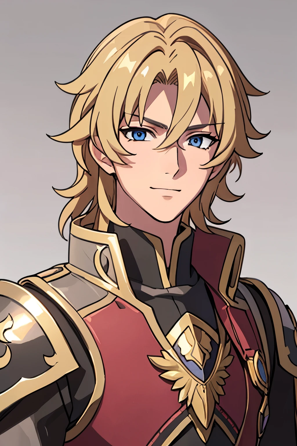 (high-quality, breathtaking),(expressive eyes, perfect face) 1boy, male, solo, portrait, young adult, age 18, Fire Emblem Awakening, Symmetrical Eyes, Fire Emblem, golden blonde hair color, short hair length, messy wavy hair, upper body, blue eyes, positive expression, charming smile, detailed eyes, blonde brown hair, narrow eyes, kind expression, pink cape, armor, gold trim, weapon, benevolent prince, grey background, detailed eyes
