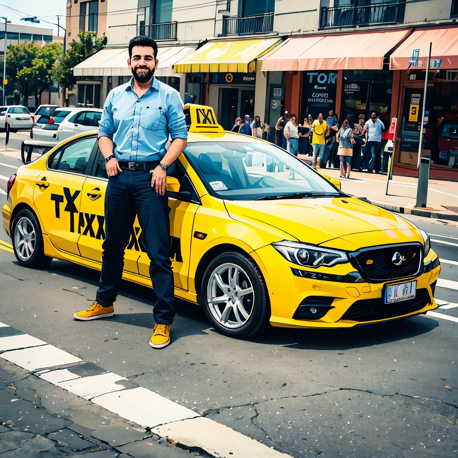 Imagen estilo caricatura, Taxista abriendole la puerta del taxi a un cliente con una sonrisa y contento de recibir a un nuevo cliente , carro de color amarillo con una franja horizontal estilo caricatura