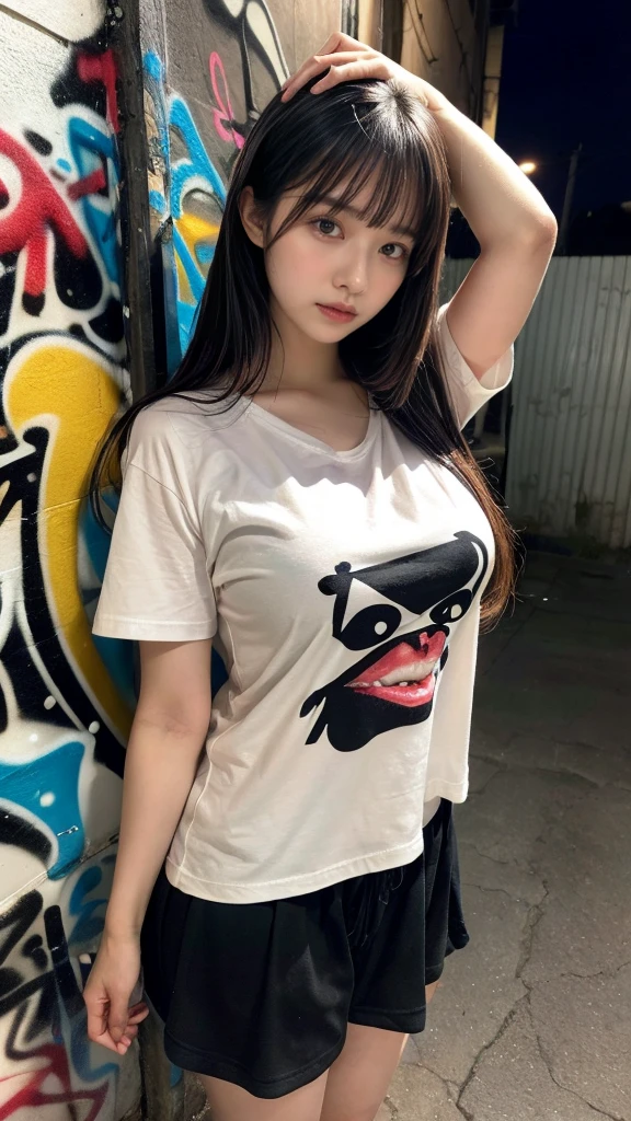 muster piece, best quality, illustration, Super detailed, fine details, High resolution, 8K,wall paper, perfect dynamic composition,(Details High quality, realistic depiction of eyes:1.3), (Japanese age girl standing in a dirty back alley at night, hands on head, graffitied wall:1.1), (loose t-shirt, ,t-shirt, oversized clothes), black hair color, Big Natural Color Lip, seductive face, provocative look, crying a little、cold gaze, Harajuku style、(graffiti), night time, 20 year old girl、cute type、loliGravure Idol, full body photo、focus on crotch, huge breasts