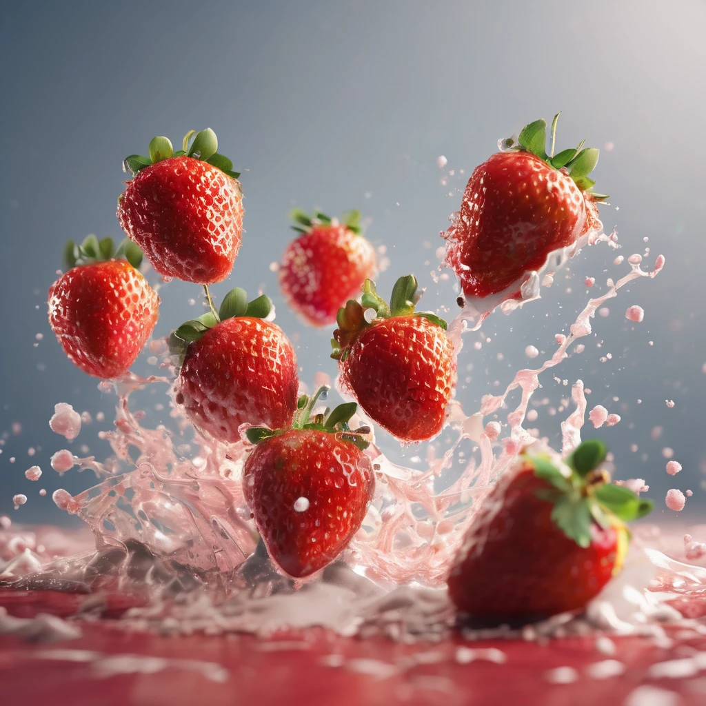 Low angle view, Five Perfect strawberries falling, covered in vibrant color splashes, high detail, still photography, low view,colorful, fruits, organic, mouth-watering, cinematic lighting, macro shot, shallow depth of field, CG render, 4k resolution