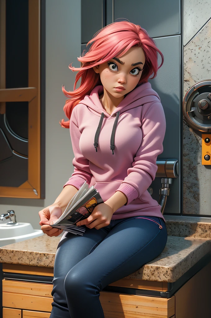 high res, detailed, power from chainsawman, person sitting in a toilet cubicle, gripping their own breast, holding a magazine in the other hand, wearing a pink low-cut hoodie and black jeans, looking up at the viewer, dramatic lighting, intense and vibrant colors
