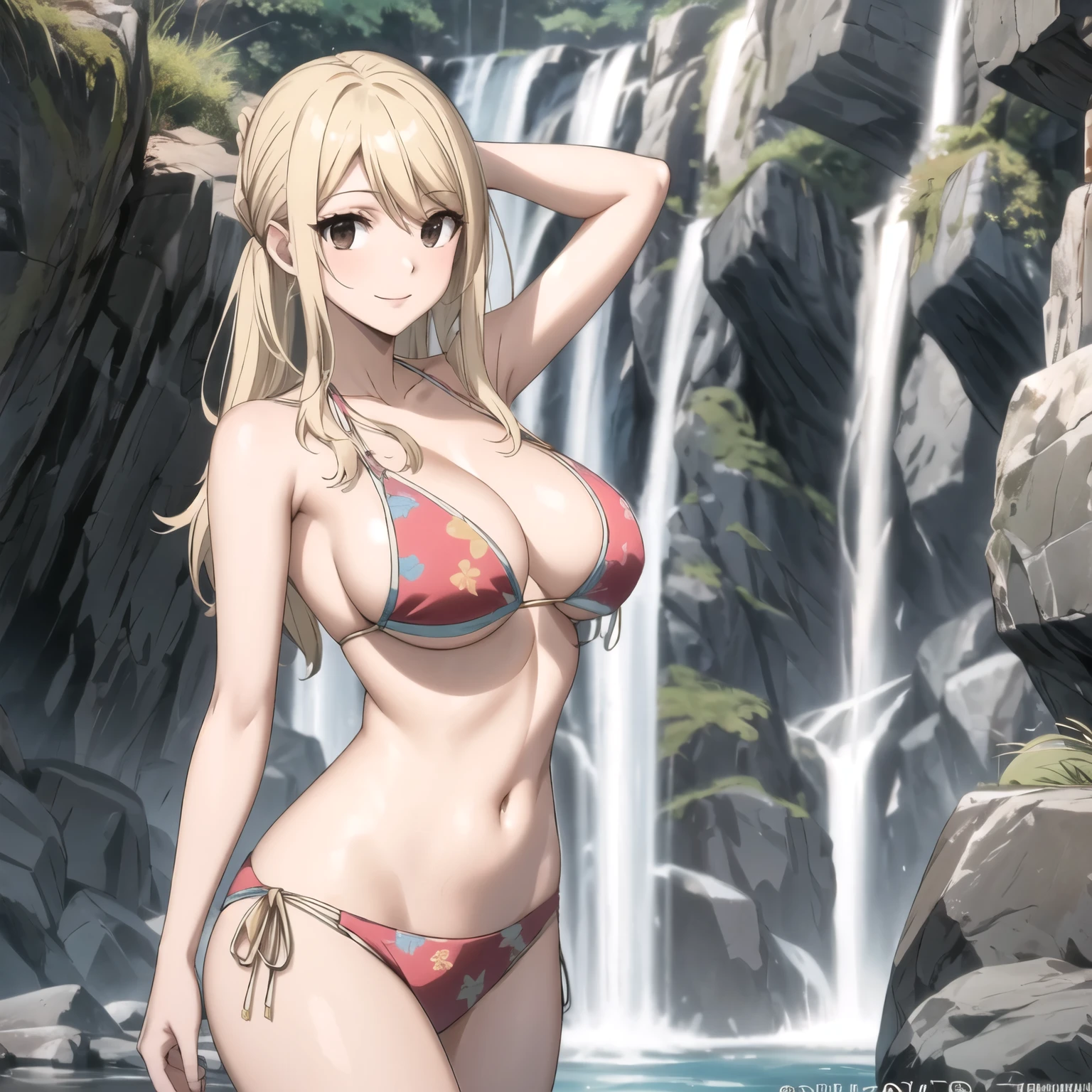 Lucy Heartfilia, 24 year old woman long straight blonde hair,, Brown eyes, pechos grandes bikini azul , hands behind the head at a waterfall.. urbana. arms behind the head, sonrisa coqueta. imagen de in front of the camera. in front of the camera.