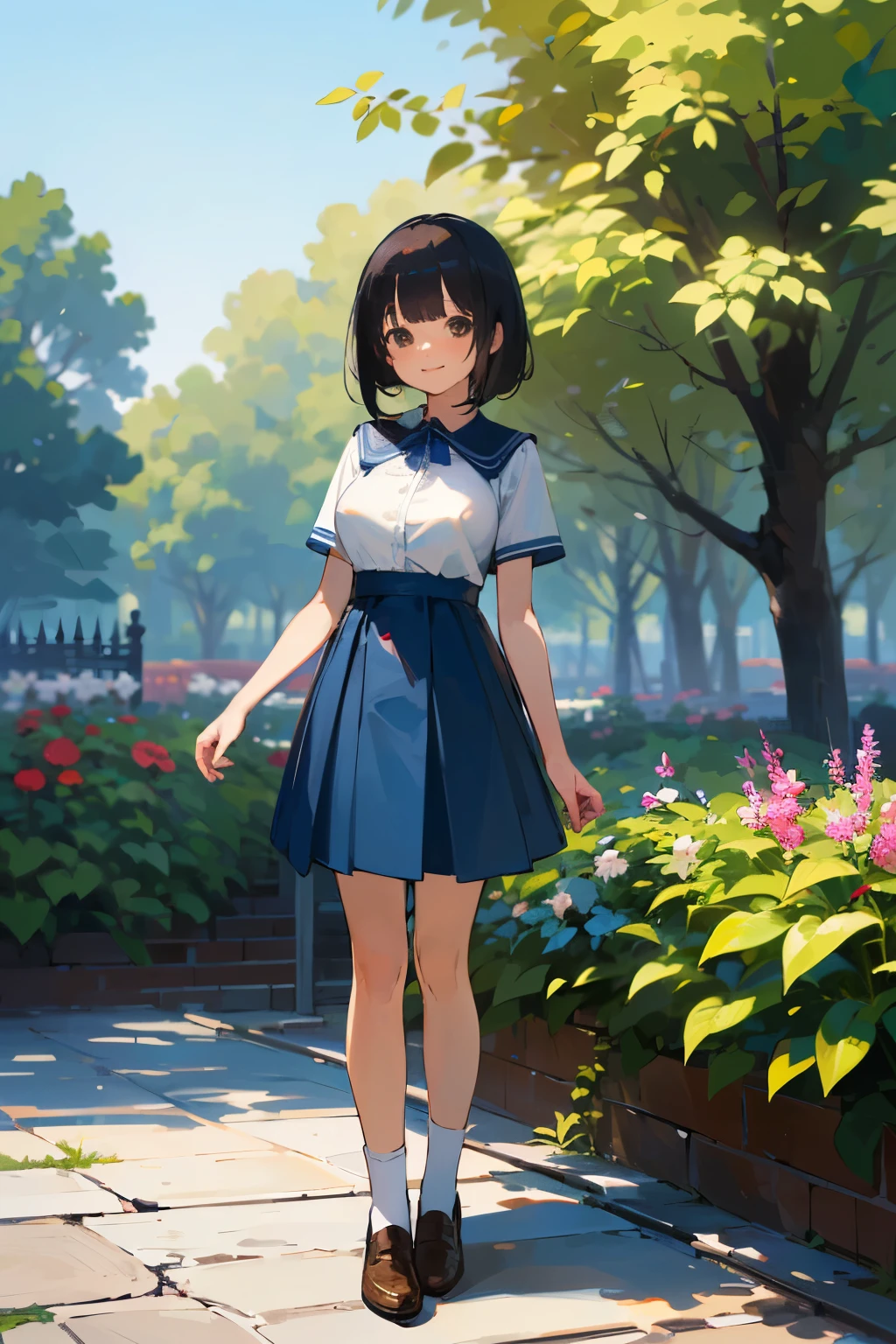 (high quality, High resolution, Very detailed, reality:1.37), Peaceful atmosphere, (Outdoor, garden), Teenage girl standing alone, (my breasts are big.), Beautiful details, Cute Smile, (Black bob hair), Short sleeve shirt, Blue Skirt, White socks, Brown leather shoes.