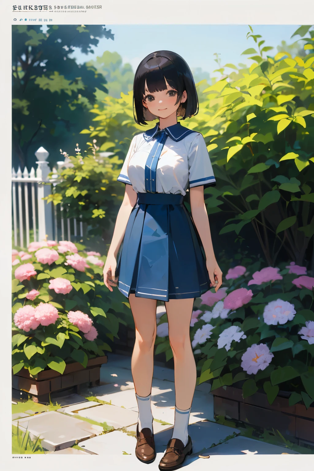 (high quality, High resolution, Very detailed, reality:1.37), Peaceful atmosphere, (Outdoor, garden), Teenage girl standing alone, (my breasts are big.), Beautiful details, Cute Smile, (Black bob hair), Short sleeve shirt, Blue Skirt, White socks, Brown leather shoes.