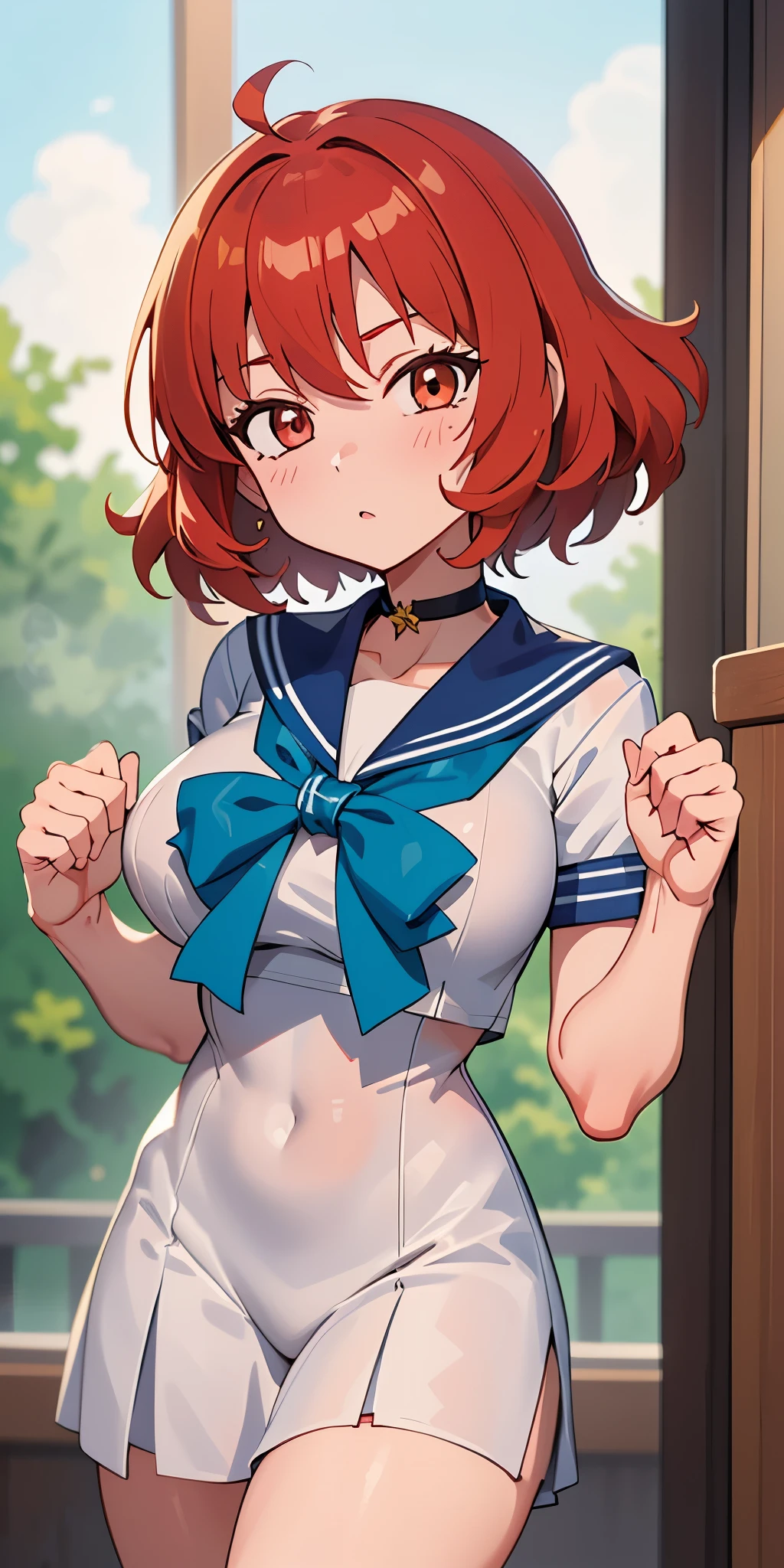 Anime Style, Vibrant, Studio Anime, Very detailed, One girl, (Sailor Warrior Uniforms), Redhead, Medium Hair, Bobcut, Big Hair, humid, Mature Woman, Sensual
