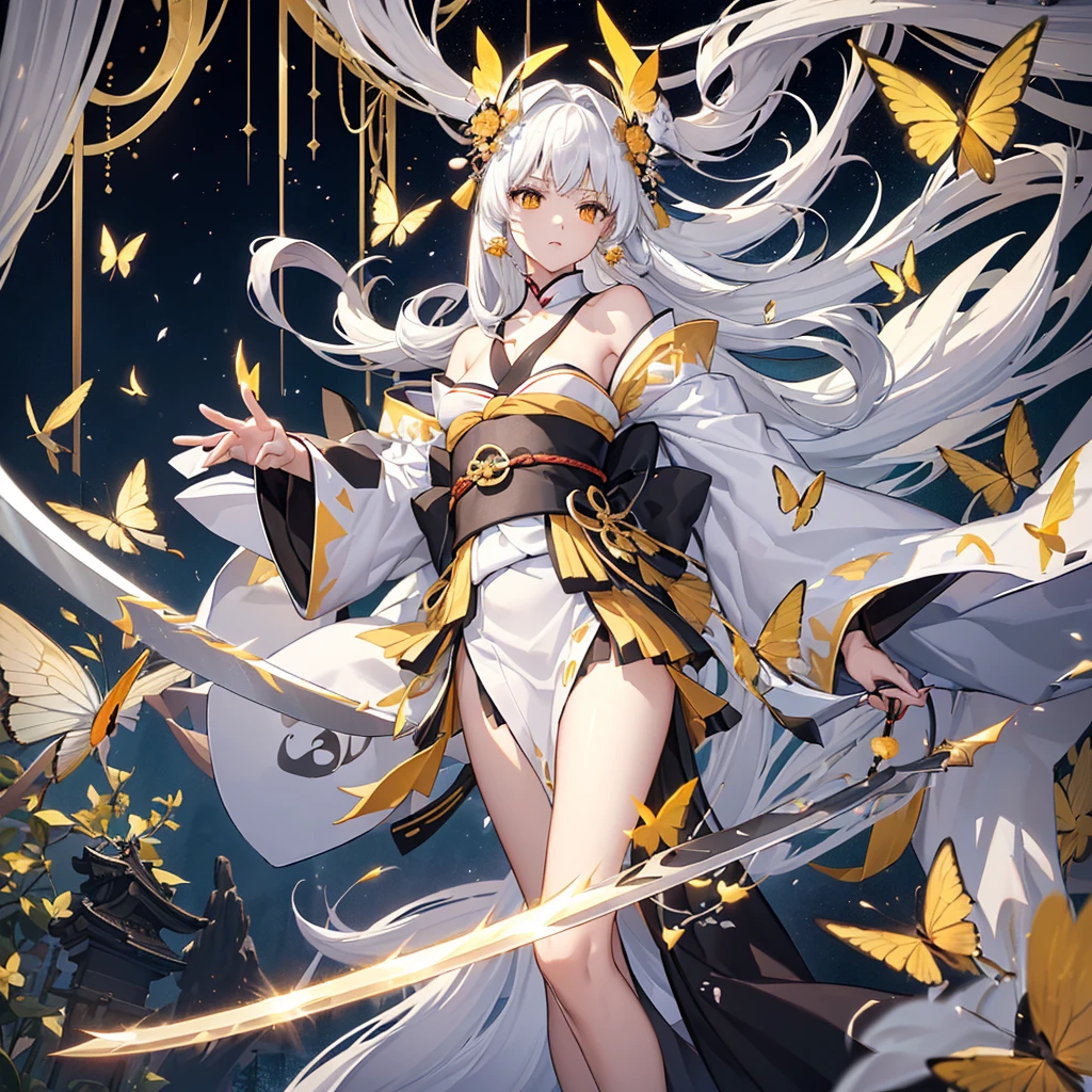 ((high resolution White Hair Long Hair Black kimono Black band Goddess of victory Lonely despair)) ((Yellow butterfly night Japanese style Shoulder old Shining Aura rain)) (Dance Blade of Darkness Demon Sword Swing down Slashing) moon star Draw your sword Slashing Catch the wind fall