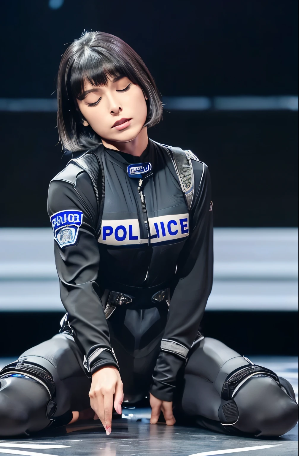 High resolution、Photorealistic、Hyperrealism、Slender body、Realistic、Beautiful Japanese Women、Black-haired、Medium Bob Hair、bangs、Detailed face、Detailed lips、Beautiful Eyes、Glowing Skin、one person、Ideal beauty、30 years old、(Big Breasts)、(The backdrop seen by the audience on stage at the show)、((((Black racing suit、I like police uniforms, Black and grey mech, Wearing a military harness, Has a submachine gun))))、((((Lying on the stage floor, Close ~ eyes, sleep, Unconscious、Spread your legs、Seduce)))), ((Cowboy Shot, From below))