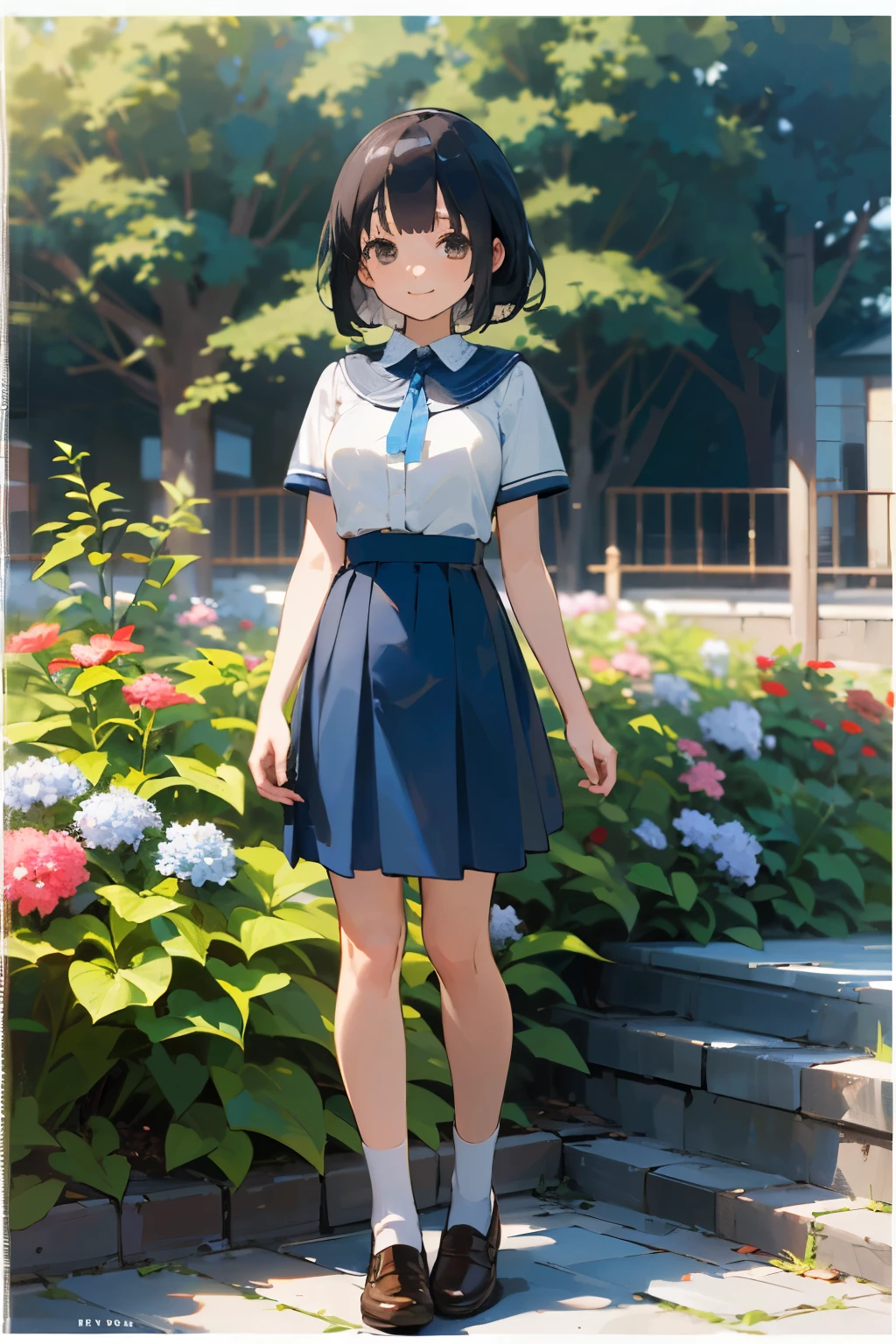 (high quality, High resolution, Very detailed, reality:1.37), Peaceful atmosphere, (Outdoor, garden), Teenage girl standing alone, (my breasts are big.), Beautiful details, Cute Smile, (Black bob hair), Short sleeve shirt, Blue Skirt, White socks, Brown leather shoes.
