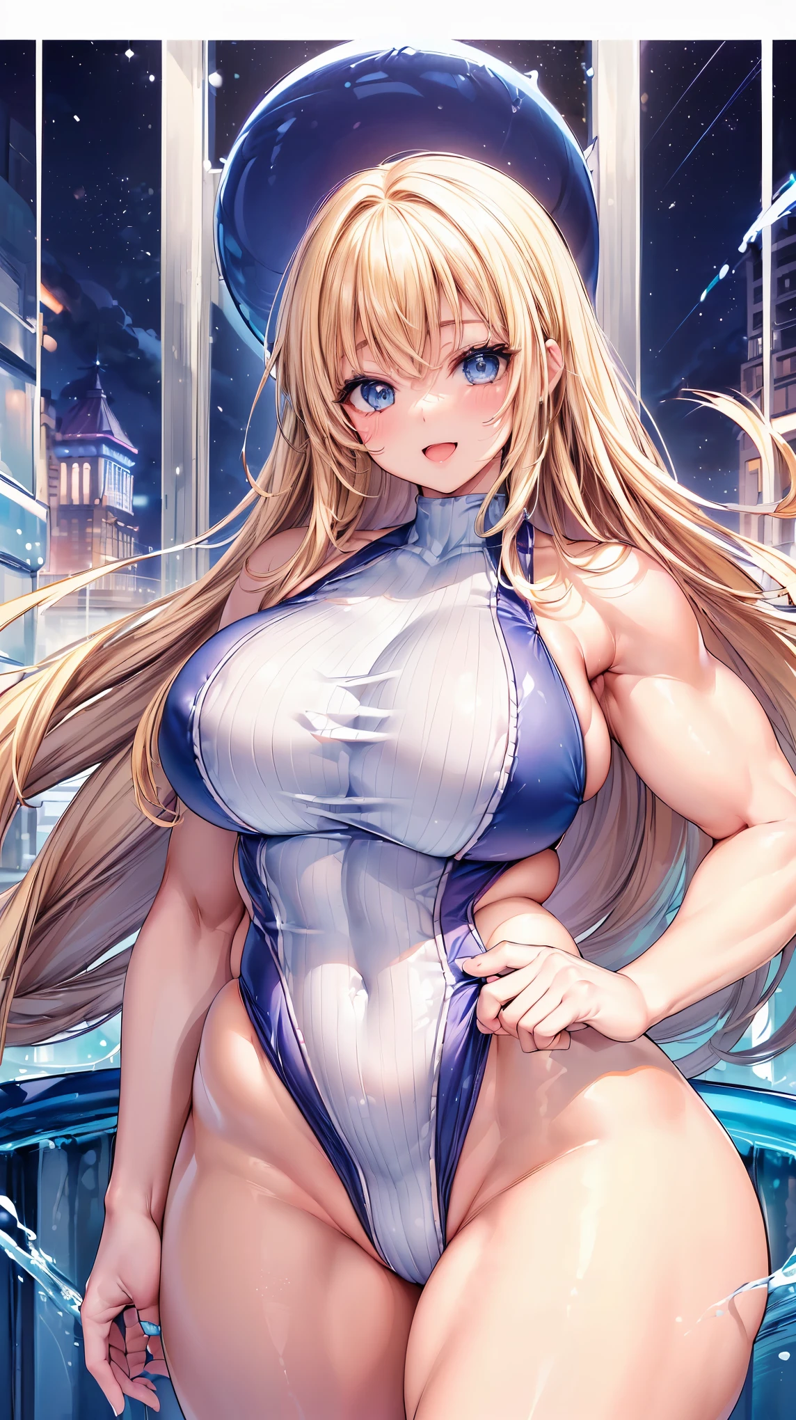 (Adult women:1.5)、Very detailed、highest quality、Best image quality、masterpiece、8k、Anime Face、A kind smile、(Open your mouth:1.3)、Sparkling blue eyes、(Blonde Hair:1.5)、(Muscles of the whole body:1.3)、(High leg:1.5)、Thigh belt、(Swimwear:1.5)、(Cowboy Shot:1.5)、(SFW Giant)、(Thick body:1.5)