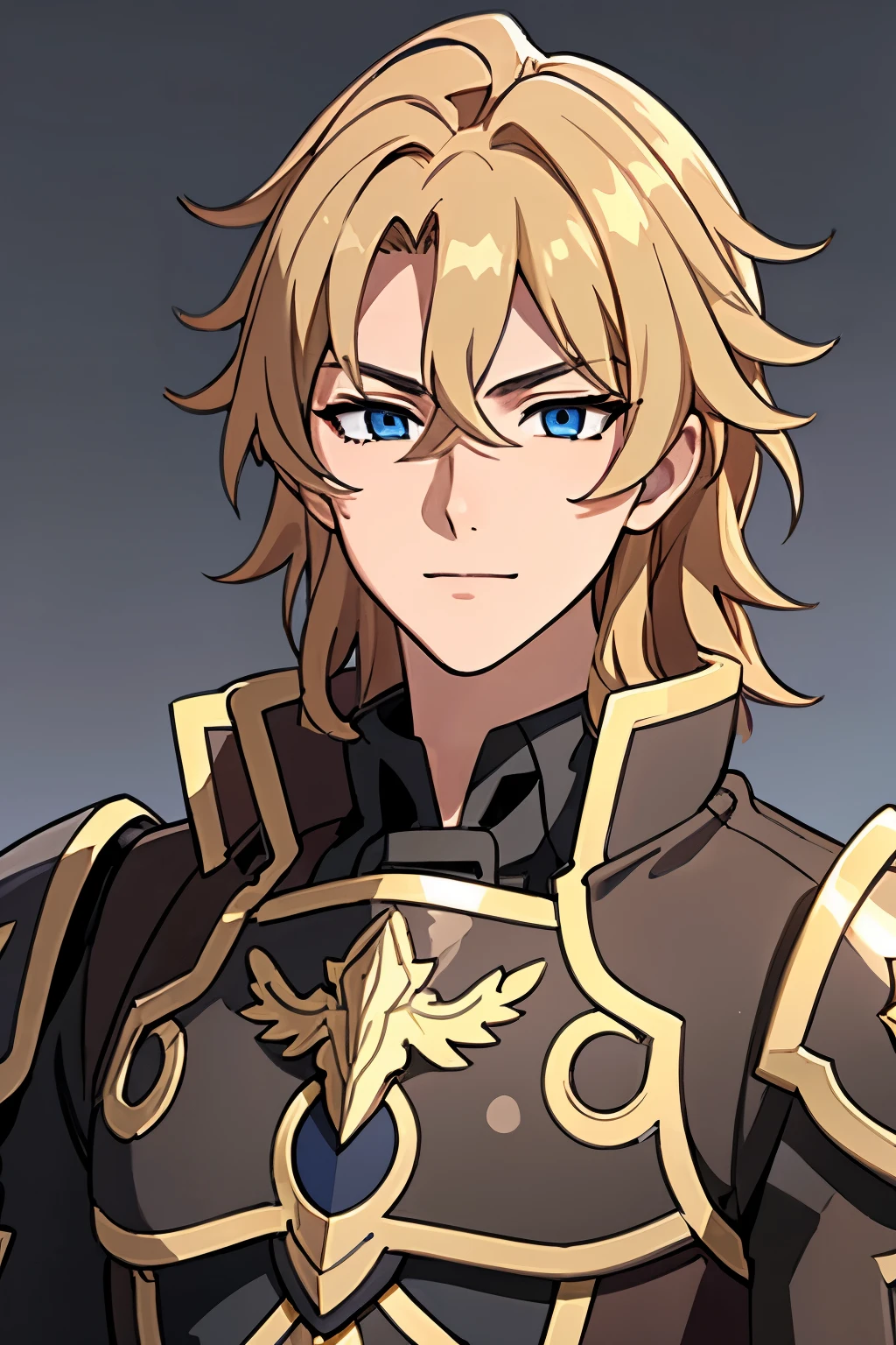 (high-quality, breathtaking),(expressive eyes, perfect face) 1boy, male, solo, portrait, young adult, age 18, Fire Emblem Awakening, Symmetrical Eyes, Fire Emblem, golden blonde hair color, short hair length, messy wavy hair, upper body, blue eyes, positive expression, charming smile, detailed eyes, blonde brown hair, narrow eyes, kind expression, cape, armor, gold trim, weapon, benevolent prince, grey background, detailed eyes
