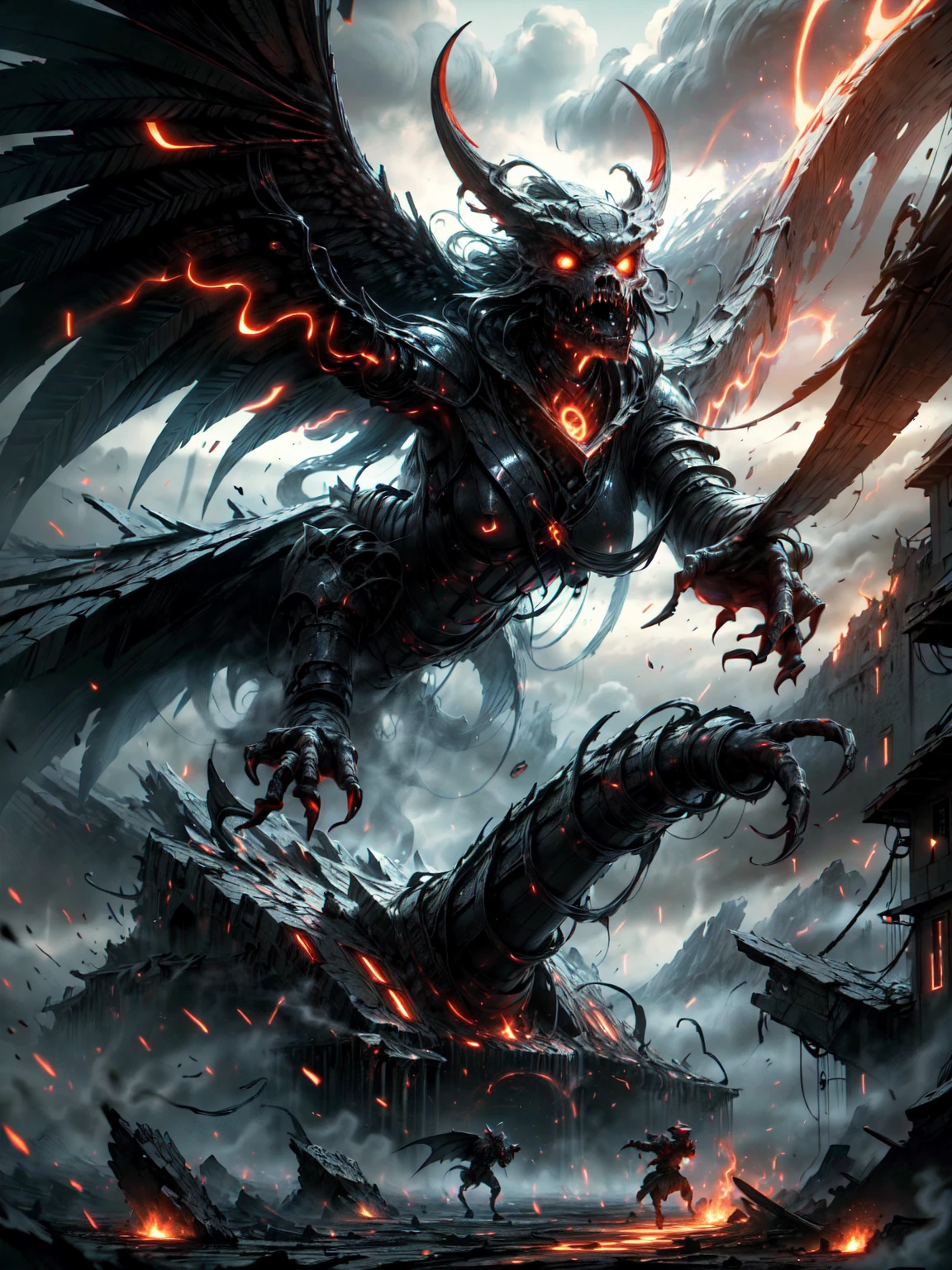 (high quality:1.2),demonic creature emerging from a volcano, an awe-inspiring image, destruction, apocalyptic, HD 4k,8k, masterpiece, ultra-detailed, hyper-realistic, lava melting everything, intense heat, glowing embers, dark and ominous atmosphere, billowing black smoke, molten rocks flying in the air, fiery explosions, crumbling buildings, devastated landscape, surreal and terrifying, vibrant and vivid colors, dramatic lighting, sparks and flames dancing around the creature, the ground cracking and splitting, chaos and despair, a haunting masterpiece in high definition.