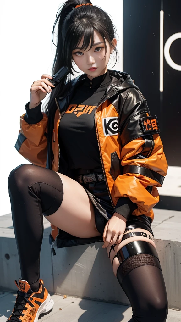 A sexy Chinese teenage girl, Make-up douyin, is wearing cool cyberpunk style clothes varying in black and orange and carrying a firearm, in a cool sitting pose, on a white background.