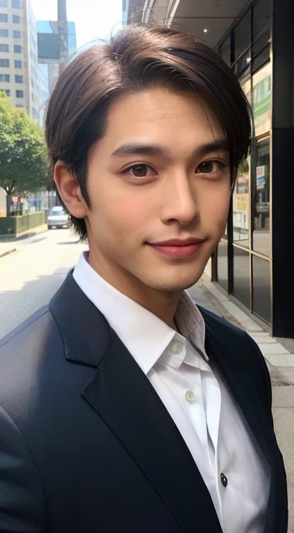 1boy, 30 years old Indoneisa male, (male:1.5), big eyes, detailed eyes, fine face, (very short hair: 1.3), under_cut, ((shirt)), ((suit)), (handsome, sharp), smile,))), (stout muscular body), (stout physique), outdoors, detailed background, modern city, real image, empty street