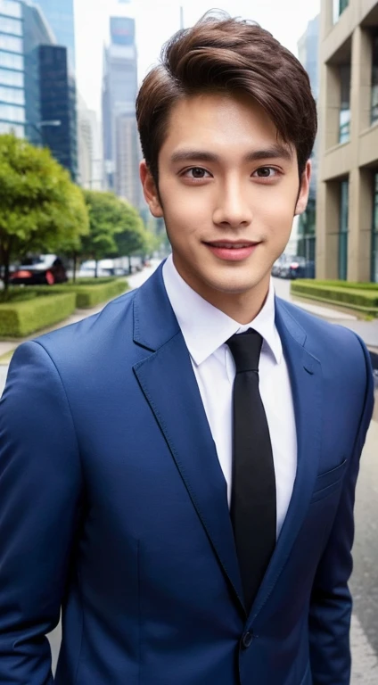 1boy, 30 years old Indoneisa male, (male:1.5), big eyes, detailed eyes, fine face, (very short hair: 1.3), under_cut, ((shirt)), ((suit)), (handsome, sharp), smile,))), (stout muscular body), (stout physique), outdoors, detailed background, modern city, real image, empty street
