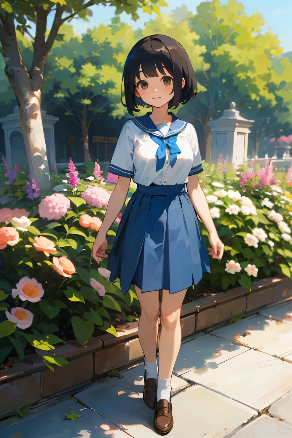(high quality, High resolution, Very detailed, reality:1.37), Peaceful atmosphere, (Outdoor, garden), Teenage girl standing alone, (my breasts are big.), Beautiful details, Cute Smile, (Black bob hair), Short sleeve shirt, Blue Skirt, White socks, Brown leather shoes.