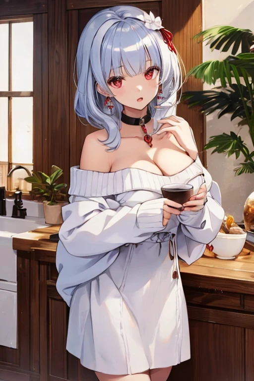 masterpiece, yor, 1girl, Amazing Cleavage:1.3, thin waist, big ass, Raised sexy, medium breast: 1.8 posed cleavage:1.2、solo, looking at viewer, open mouth, have a cup of coffee,black hair, red eyes, dress, bare shoulders, jewelry, collarbone, sidelocks, hairband, earrings, indoors, off shoulder, :o, sweater, arms behind back, plant, short hair with long locks, white hairband, off-shoulder dress, sweater dress, off-shoulder sweater, red sweater, big side hair, very long side hair,is rendered in (masterpiece: 1.2, best quality), with (ultra high resolution) and an exquisite (depth of field). This masterpiece is not only visually stunning but also tells, make of cake cooking ,in the kitchen