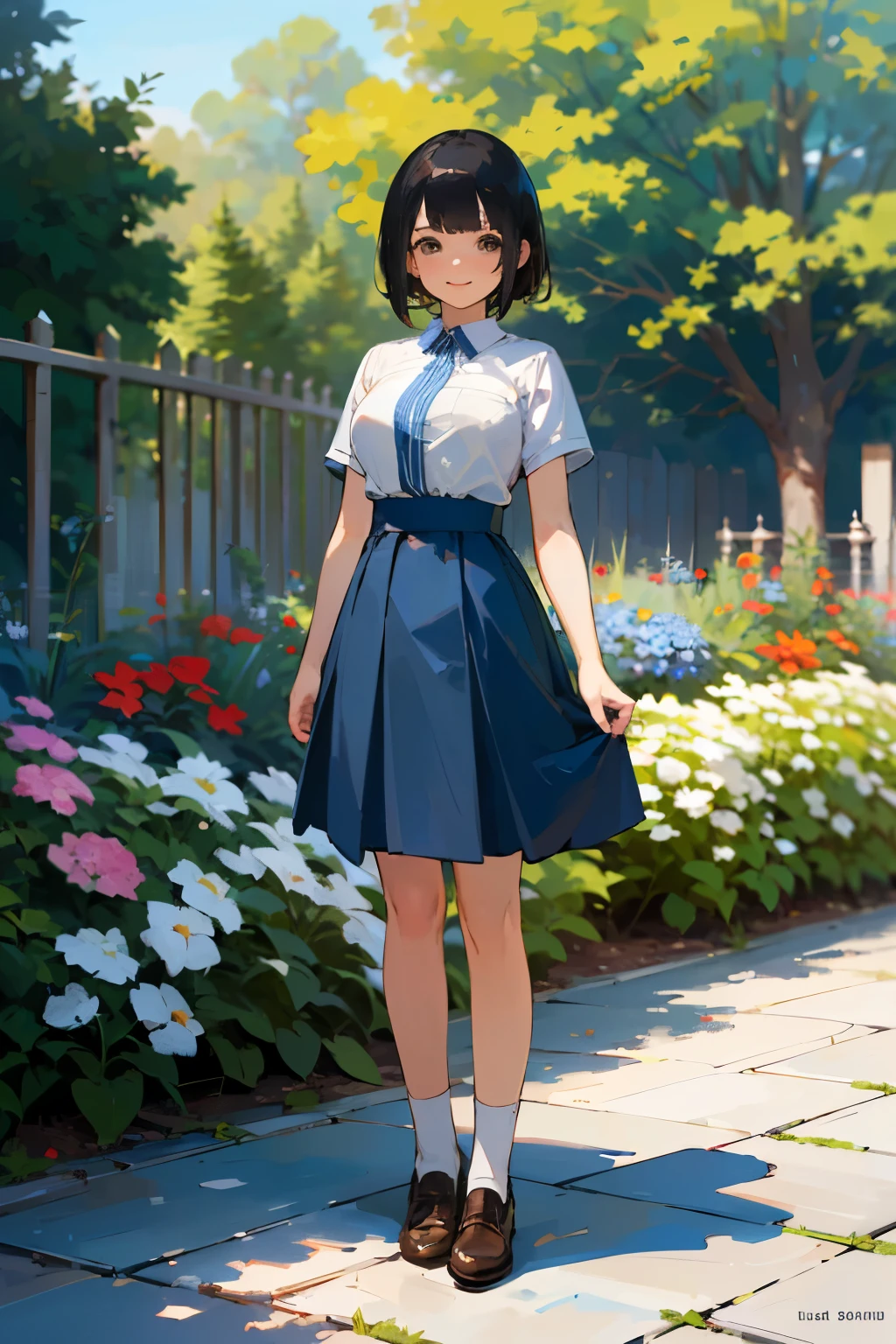 (high quality, High resolution, Very detailed, reality:1.37), Peaceful atmosphere, (Outdoor, garden), age girl standing alone, (my breasts are big.), Beautiful details, Cute Smile, (Black bob hair), Short sleeve shirt, Blue Skirt, White socks, Brown leather shoes.