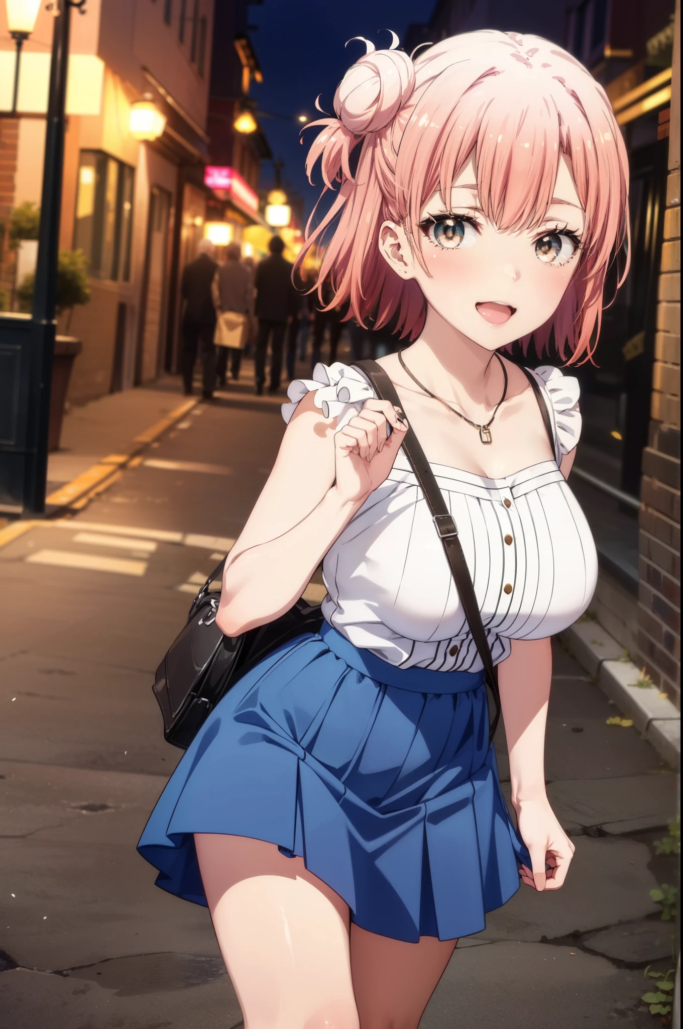 , ((High resolution)),masterpiece, high quality, 最high quality, beautiful, Perfect lighting, Detailed face, Very cute face, ((1 girl)), (Loli), Short pink hair, Orange Eyes, Embarrassed look, ((blush)), Looking at the audience, ((Wavy Hair))、:d、Hands on hips, Standing in the city, Daytime, Dress shirt, Pencil Skirt, (Tight clothing), (Chubby), (Thigh height), (Wide Hips), ((Thick thighs)), (((Panty shot)))、Skirt Lift、Light blue striped panties、Small breasts,Cleavage
