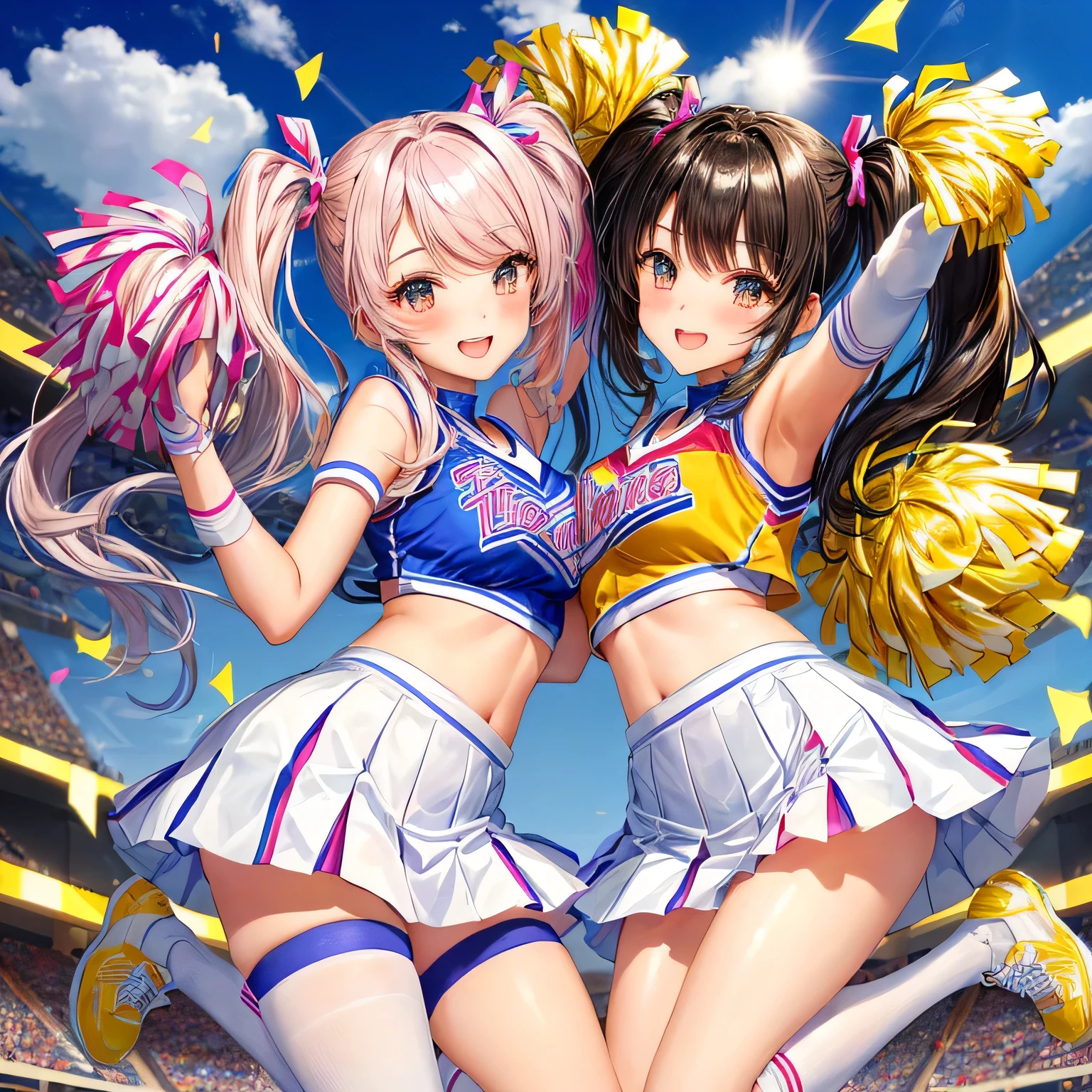 A twin sister, female, wearing a cheerleader uniform, twintails