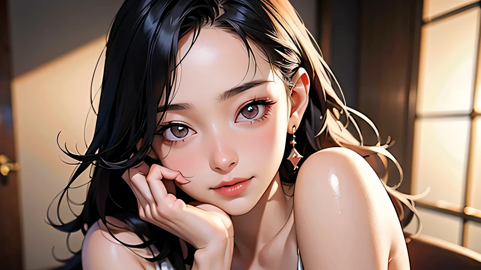 8k, highest quality, ultra high resolution, solo female, 21 years old (photo-realistic: 1.4), (Japanese famous actress: 1.2), very beautiful, cute, professional photo, very delicate and beautiful, very details, very detailed beautiful girl, very detailed face, very detailed eyes, very detailed skin, very detailed fingers, very detailed nose, very detailed mouth, perfect anatomy, realistic body, fair skin, glossy skin, slender body, good figure, looking at the viewer, smile, highest quality, high quality, highest quality, 8k, highest resolution, high resolution, highest quality, masterpiece, human body realistic in every detail, realistic in every detail Realistic skin, realistic face in every detail, realistic reproduction in every detail, realistic lips in every detail, realistic teeth in every detail, realistic ears in every detail, realistic hair in every detail, realistic weapons in every detail, realistic reproduction in every detail , Realistic fingers in every detail, (Beautiful hands, thumbs 1 reference 4), Realistic feet in every detail, ((Beautiful Japanese girl)), (Japanese model), (Japanese woman), ((18 year old beautiful Girl)), (Black hair), (Random hairstyle), ((Full body)), ((Beautiful upturned breasts)), (Slim style, Slender style), Girl, Sweat, Medium chest, Shy, Detailed Hands, looking at viewer, dynamic shadow, smiling, smartphone in hand, smartphone