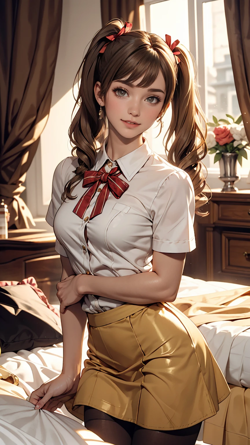 Minami Kotori, One girl, 一人in, masterpiece, One girl, highest quality, Super detailed, (Shiny), , ((bedroom)), indoor, bed, :p, blush, Ray Tracing,perfect Lighting, (Shiny skin:1.2),reflection, length_hair, Looking_in_Audience, blush, skirt, ribbon, Twin tails, yellow_eye, pantyhose, bag, black_pantyhose, low_Twin tails, Light_Brown_hair, Hello, Nipples, Browsing Caution,