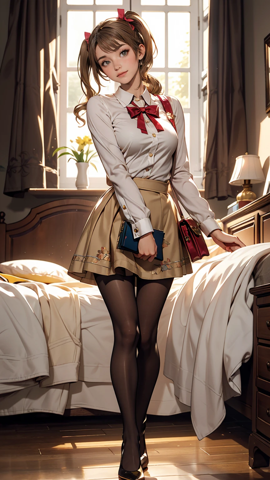 Minami Kotori, One girl, 一人in, masterpiece, One girl, highest quality, Super detailed, (Shiny), , ((bedroom)), indoor, bed, :p, blush, Ray Tracing,perfect Lighting, (Shiny skin:1.2),reflection, length_hair, Looking_in_Audience, blush, skirt, ribbon, Twin tails, yellow_eye, pantyhose, bag, black_pantyhose, low_Twin tails, Light_Brown_hair, Hello, Nipples, Browsing Caution,