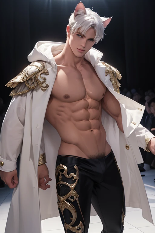 Full full Body photorealistic 4k, high resolution, catboy, cats ears,, ,best quality, masterpiece, perfect color, perfect shade, perfect lighting, Posted by e621, ((portrait)), ((handsome man)), perfect male figure, Short hair details,chest muscles,abdominal muscles,Nakedness nudeness torso,wearing a white underwear walking on the runway for fashion show ..Detailed face, perfect face, (stood up), Detailed background, ((Bonifasco Lighting)), (delicate eyes),((black armor)),((animal ears)),white hair smiling