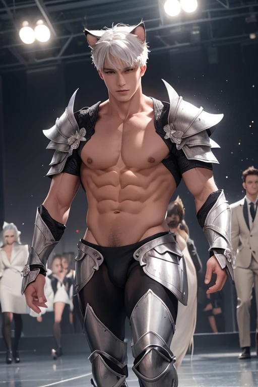 Full full Body photorealistic 4k, high resolution,  catboy, cats ears,, ,best quality, masterpiece, perfect color, perfect shade, perfect lighting, Posted by e621, ((portrait)), ((handsome man)), perfect male figure, Short hair details，chest muscles，abdominal muscles，Nakedness nudeness torso，wearing a white underwear walking on the runway for fashion show ..Detailed face, perfect face, (stood up), Detailed background, ((Bonifasco Lighting)), (delicate eyes),((black armor)),((animal ears)),white hair smiling 