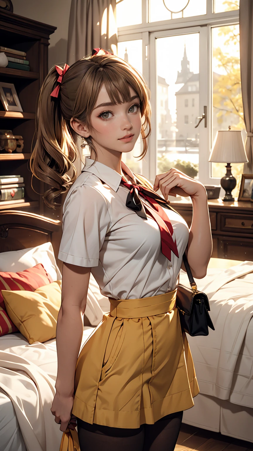 Minami Kotori, One girl, 一人in, masterpiece, One girl, highest quality, Super detailed, (Shiny), , ((bedroom)), indoor, bed, :p, blush, Ray Tracing,perfect Lighting, (Shiny skin:1.2),reflection, length_hair, Looking_in_Audience, blush, skirt, ribbon, Twin tails, yellow_eye, pantyhose, bag, black_pantyhose, low_Twin tails, Light_Brown_hair, Hello, Nipples, Browsing Caution,