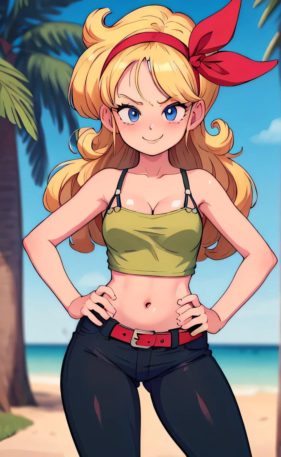 ((masterpiece, best quality)), insaneres, absurdres, solo, looking at viewer, BlondeHair_BadLaunch_ownwaifu, 1girl, long hair, blonde hair, curly hair, hair ribbon, blue eyes, medium breasts, red hairband, eyelashes, bangs, Pink shirt, black leggings, black pants, pink crop top, midriff, cleavage, bare shoulders, navel, collarbone, pink tank top, belt, bare legs, outdoors, depth of field, vanishing point, (contrapposto, hand on hip), smile