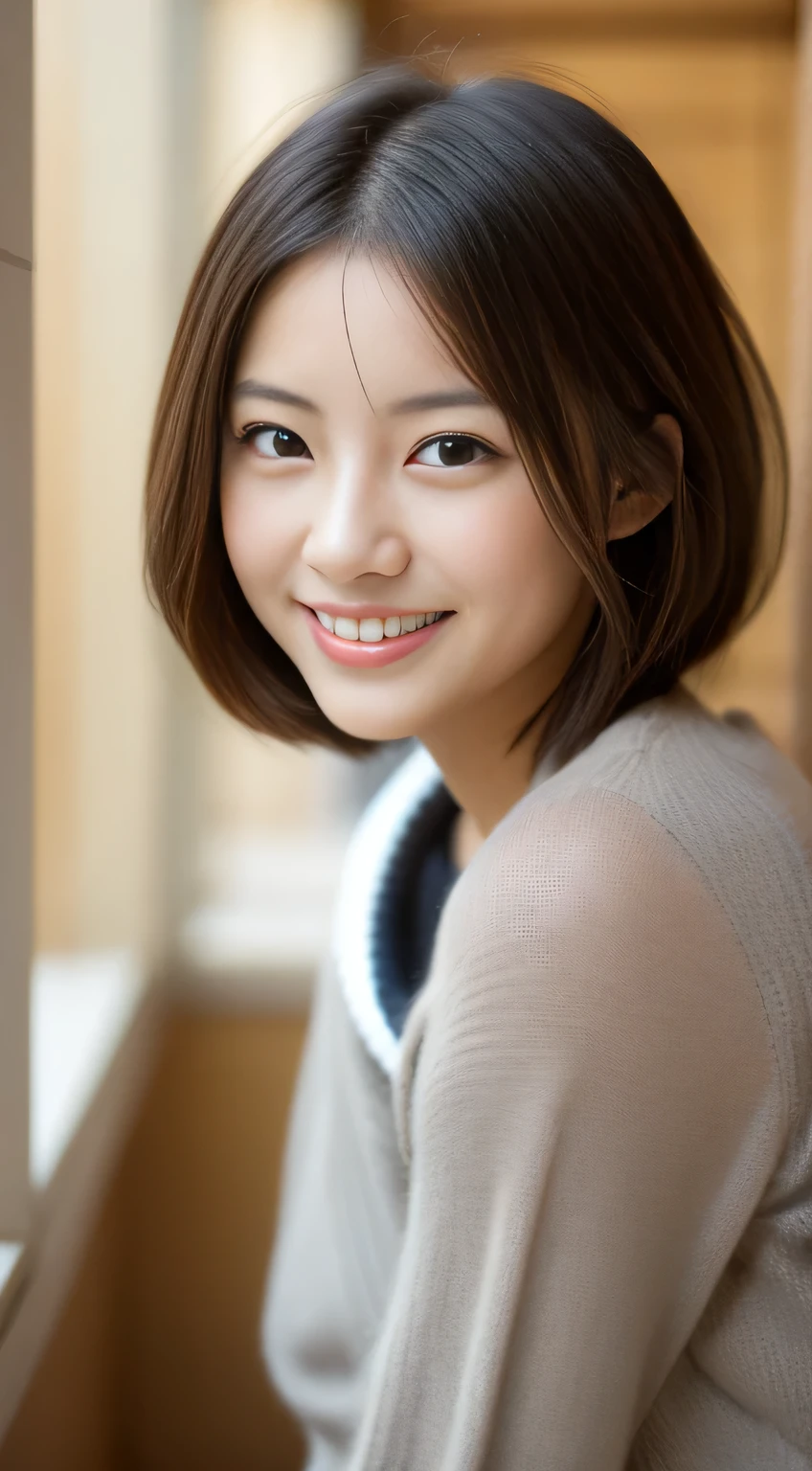 masterpiece,best quality,(Japanese ),((Beautiful girl)),indoor,(perfect body beauty:1.2),(shy smile),beautiful teeth,