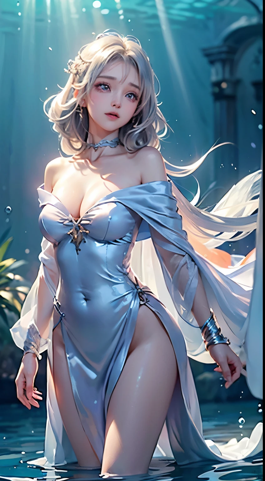 ((masterpiece:1.5、8k、Tabletop、フォトリアリスティックでVery detailedなCG、Very detailed、Particle Effects、Dynamic Effects、Written boundary depth、Cinematic Light、Lens flare、Ray Tracing、Tabletop、Realistic:1.4、超A high resolution:1.2、Realistic、Realistic))((alone、,A woman wearing an extra long shawl over an off-the-shoulder dress:1.4、Dynamic female pose:、Detailed face、Bright expression、young, Brighter, Whiter skin、Ample breasts、Best Looks、Ultimate beauty、Shiny silver hair with highlights、Bright and shiny hair,、Super long, Silky straight hair、Hair swaying in the water))(underwater,Beautiful underwater ruins background,Air bubbles)
