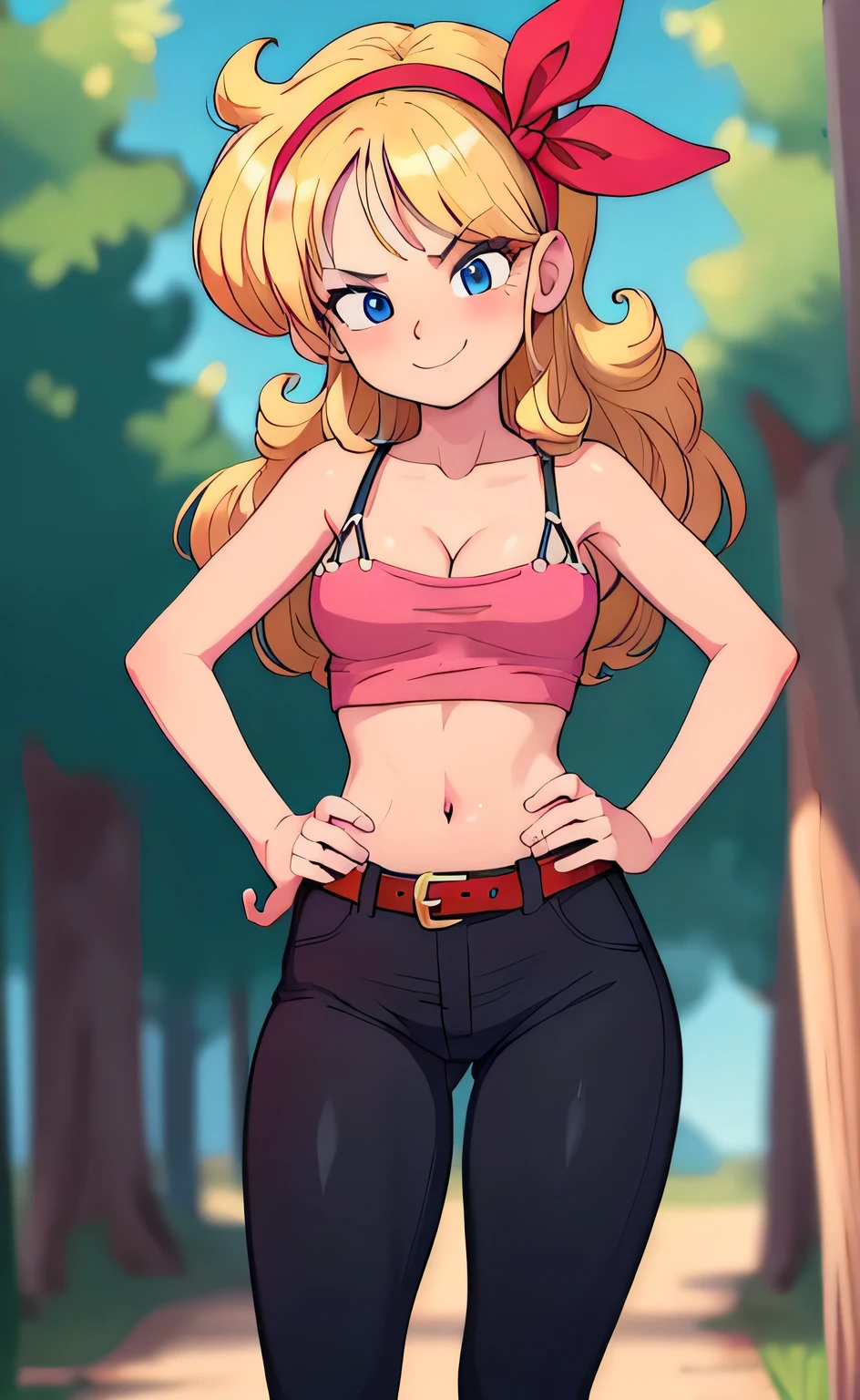 ((masterpiece, best quality)), insaneres, absurdres, solo, looking at viewer,
BlondeHair_BadLaunch_ownwaifu,
1girl, long hair, blonde hair,  curly hair, hair ribbon, blue eyes, medium breasts, red hairband, eyelashes, bangs, 
Pink shirt,  black leggings, black pants, pink crop top, midriff, cleavage, bare shoulders, navel, collarbone, pink tank top, belt, bare legs, outdoors, depth of field, vanishing point, (contrapposto, hand on hip), smile