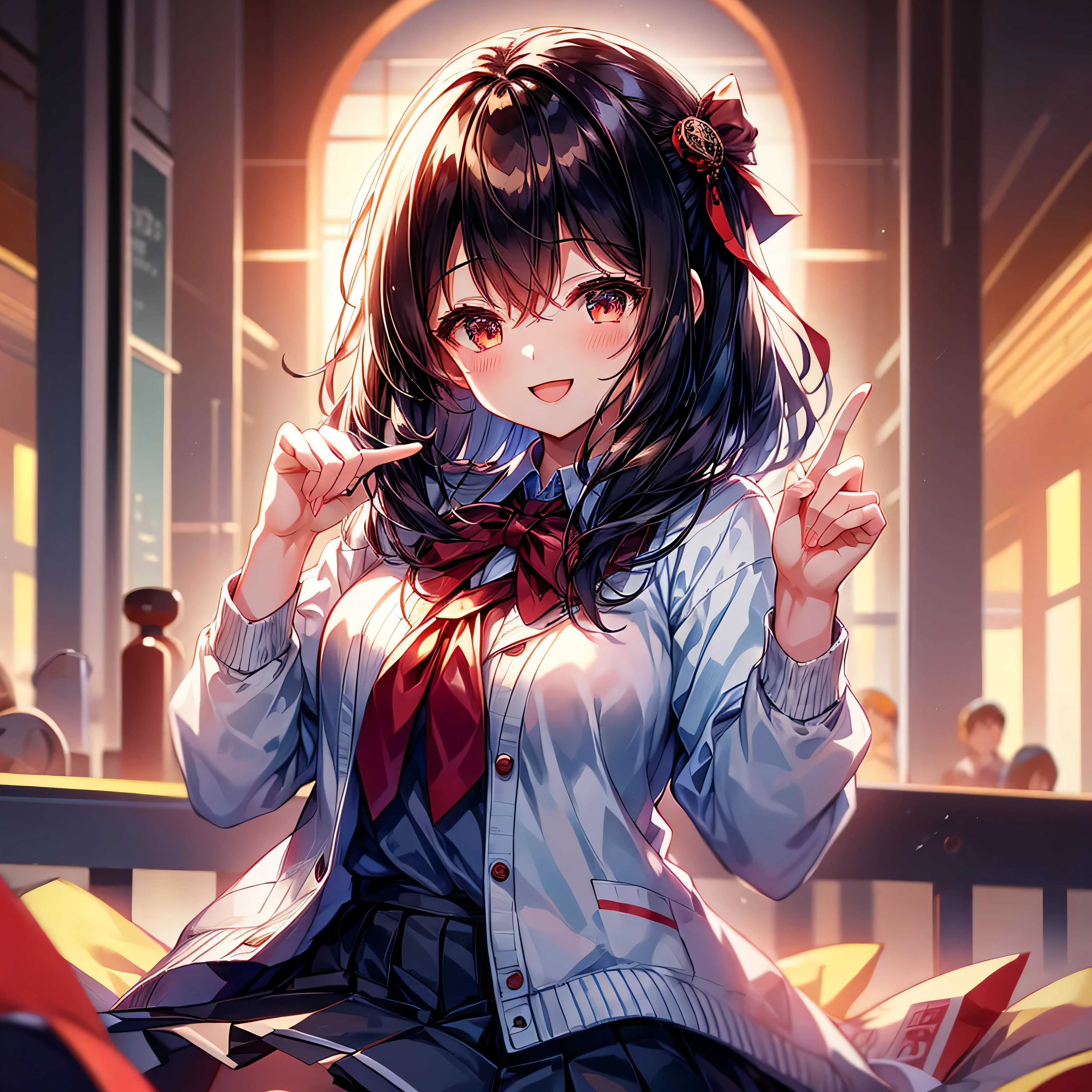 high school girl woman uniform Date one person smile Red face Town night Light