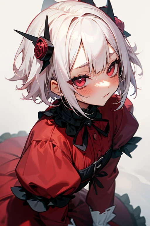 Short white hair, blush, Gothic ta、Punk Fashion、Headbang 2.、Red clothes、
