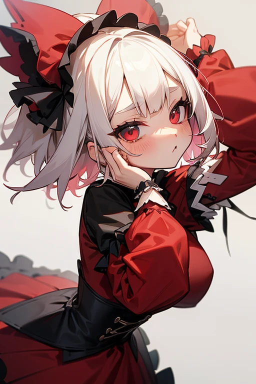 Short white hair, blush, Gothic Lolita、Punk Fashion、Headbang 2.、Red clothes、