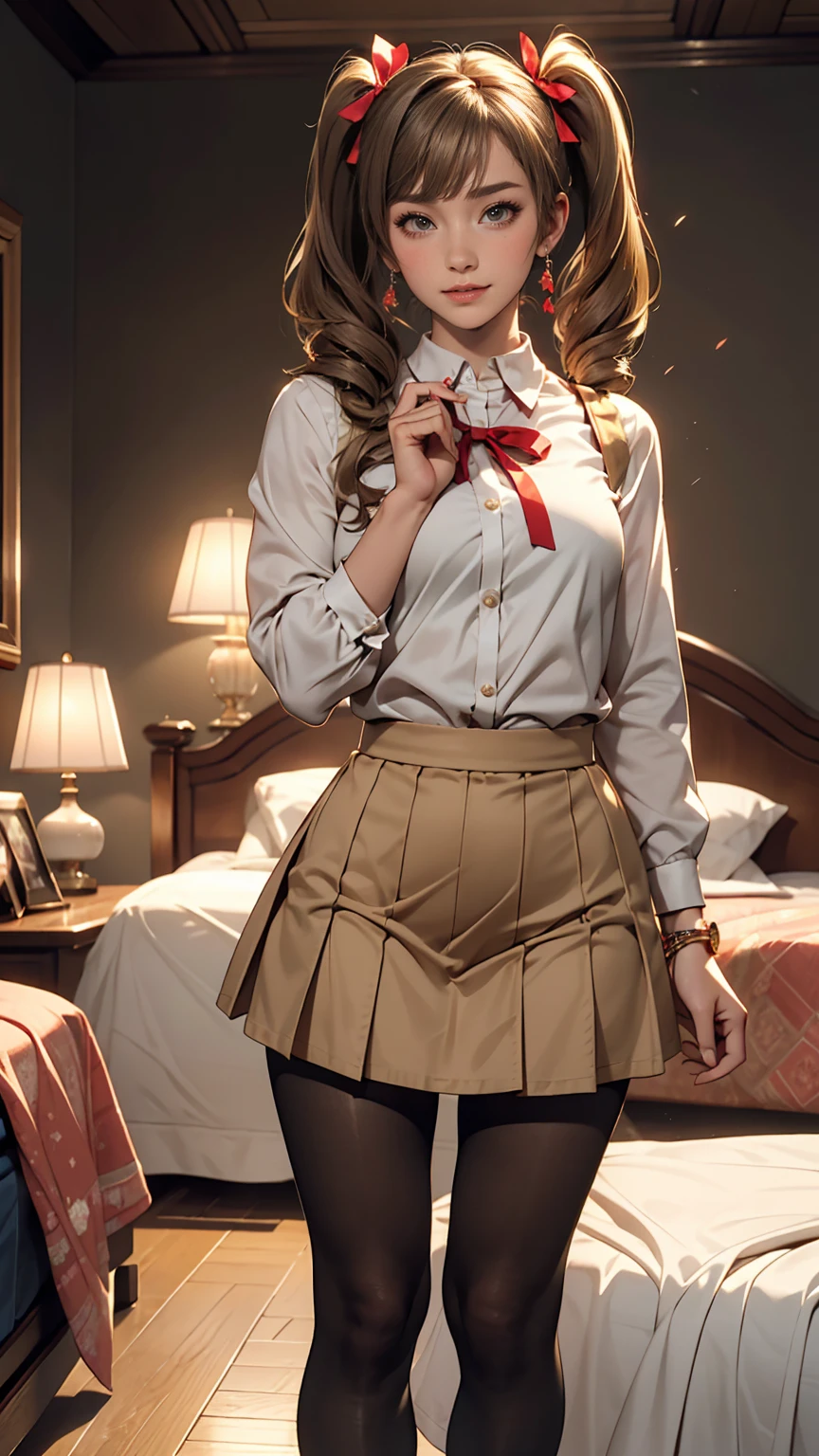 Minami Kotori, One girl, 一人in, masterpiece, One girl, highest quality, Super detailed, (Shiny), , ((bedroom)), indoor, bed, :p, blush, Ray Tracing,perfect Lighting, (Shiny skin:1.2),reflection, length_hair, Looking_in_Audience, blush, skirt, ribbon, Twin tails, yellow_eye, pantyhose, bag, black_pantyhose, low_Twin tails, Light_Brown_hair, Hello, Nipples, Browsing Caution,
