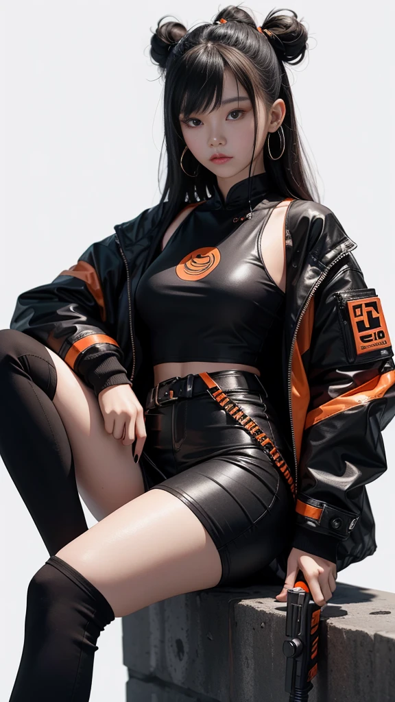 A sexy Chinese teenage girl, Make-up douyin, is wearing cool cyberpunk style clothes varying in black and orange and carrying a firearm, in a cool sitting pose, on a white background.