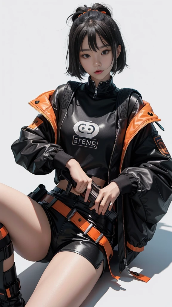 A sexy Chinese age girl, Make-up douyin, is wearing cool cyberpunk style clothes varying in black and orange and carrying a firearm, in a cool sitting pose, on a white background.