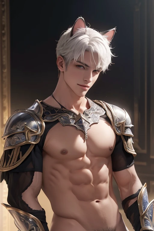 Full Body photorealistic 4k, high resolution, best quality, masterpiece, perfect color, perfect shade, perfect lighting, Posted by e621, ((portrait)), ((handsome man)), perfect male figure, Short hair details,chest muscles,abdominal muscles,Naked torso,Detailed face, perfect face, (stood up), Detailed background, ((Bonifasco Lighting)), (delicate eyes),((armor)),((animal ears)),white hair
