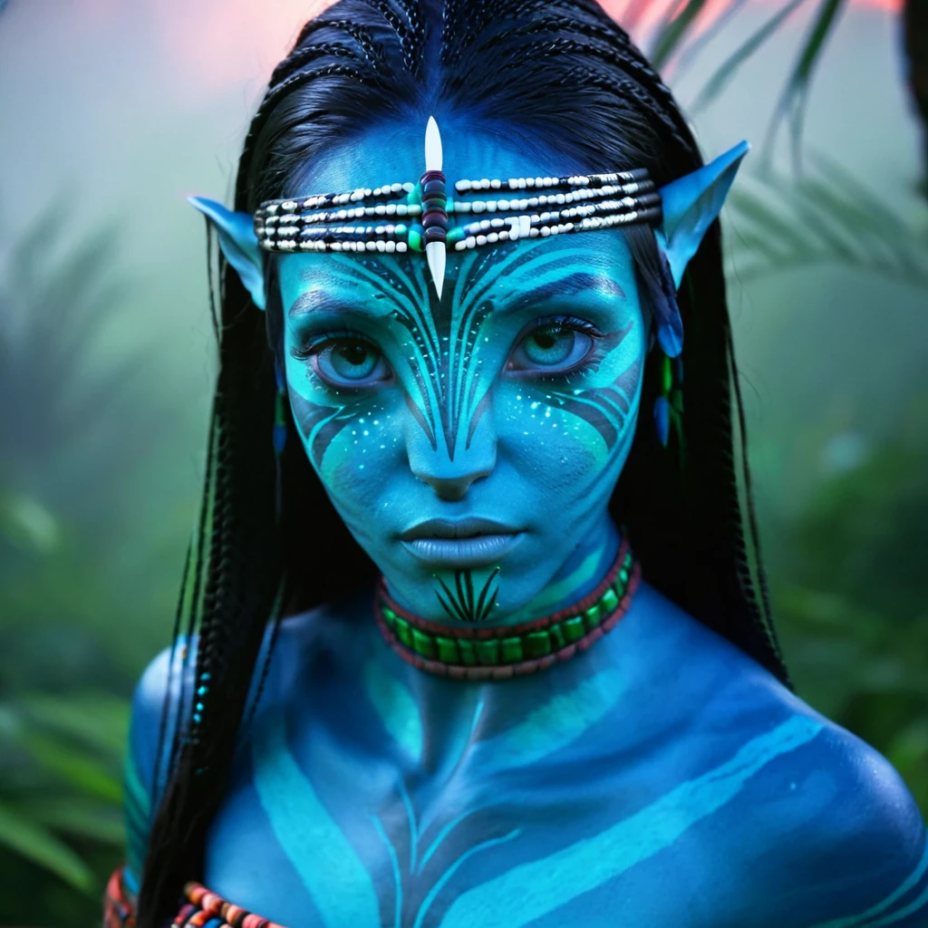 avatar style, (face portrait:1.6), na'vi, Lo'ak, 1girl, indigenous female, green eyes, pointy ears, (dark blue skin tone:1.0), (straight hair:1.0), black hair color, ((long hair)), (young adult), 18 years old, face wrinkles, wearing colorful tribal clothing, (wearing tribal acessories), detailed eyes, toned body, muscled body, vibrant colors, glowing, ethereal atmosphere, surrealistic dreamy lighting, textured skin, otherworldly beauty, mesmerizing photography, (best quality, highres), vivid colors, ultrarealistic, skin details, striped skin, sfw, face close-up:0.5, ultradetailed body, ((blue skin))