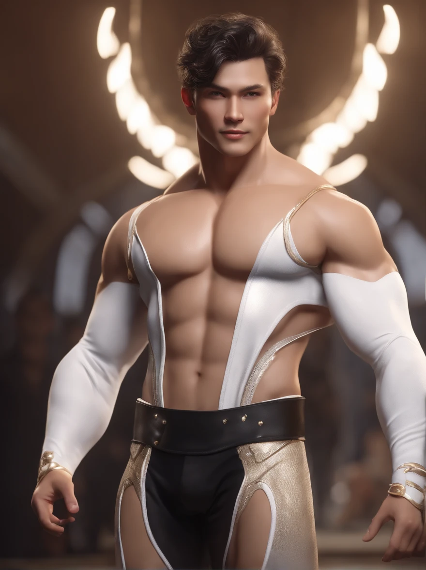 Full full Body photorealistic 4k, high resolution, catboy, cats ears,, ,best quality, masterpiece, perfect color, perfect shade, perfect lighting, Posted by e621, ((portrait)), ((handsome man)), perfect male figure, Short hair details,chest muscles,abdominal muscles,Nakedness nudeness torso,wearing a white underwear walking on the runway for fashion show ..Detailed face, perfect face, (stood up), Detailed background, ((Bonifasco Lighting)), (delicate eyes),((black armor)),((animal ears)),white hair smiling