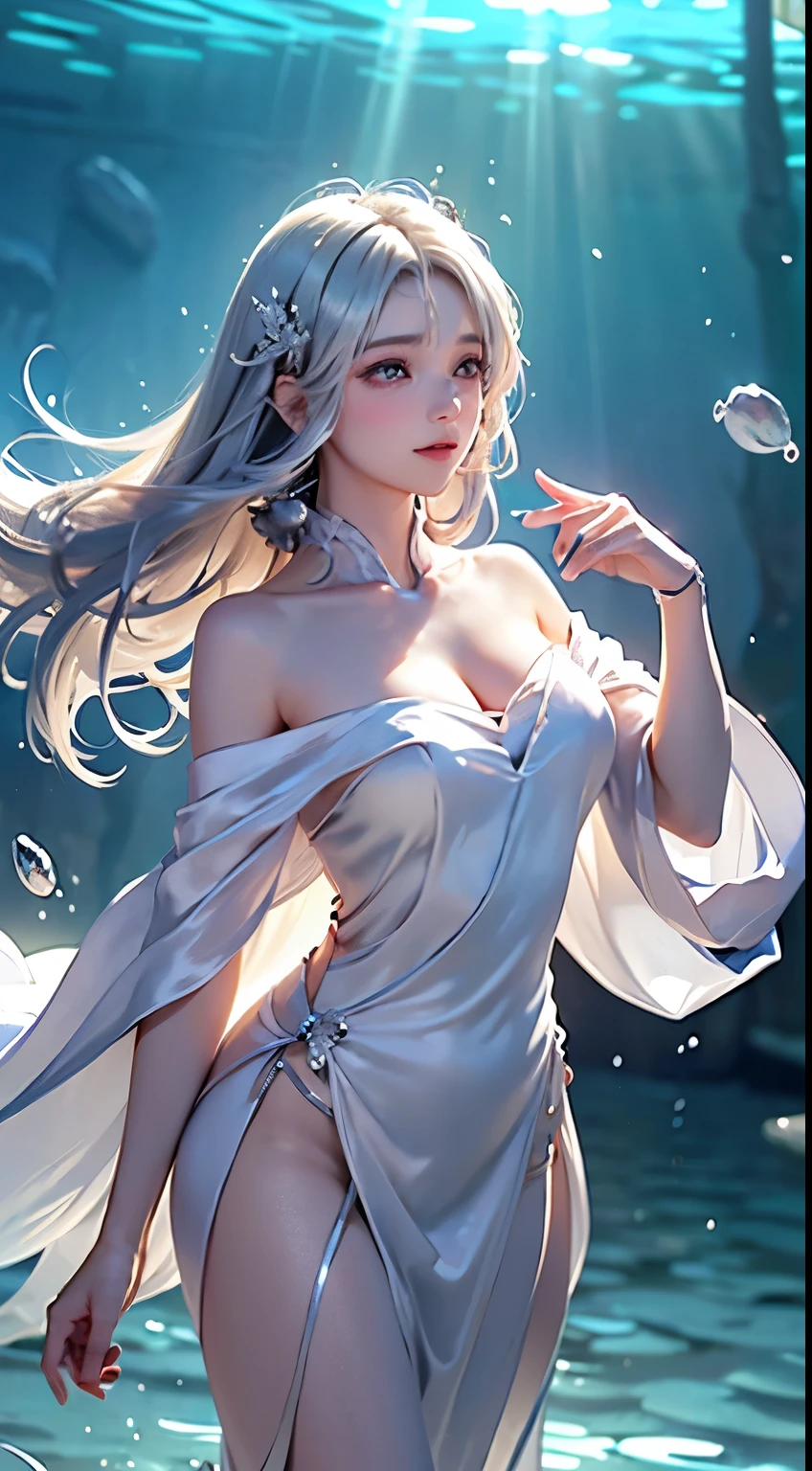 ((masterpiece:1.5、8k、Tabletop、フォトリアリスティックでVery detailedなCG、Very detailed、Particle Effects、Dynamic Effects、Written boundary depth、Cinematic Light、Lens flare、Ray Tracing、Tabletop、Realistic:1.4、超A high resolution:1.2、Realistic、Realistic))((alone、,A woman wearing an extra long shawl over an off-the-shoulder dress:1.4、Dynamic female pose:、Detailed face、Bright expression、young, Brighter, Whiter skin、Ample breasts、Best Looks、Ultimate beauty、Shiny silver hair with highlights、Bright and shiny hair,、Super long, Silky straight hair、Hair swaying in the water))(underwater,Beautiful underwater ruins background,Air bubbles)