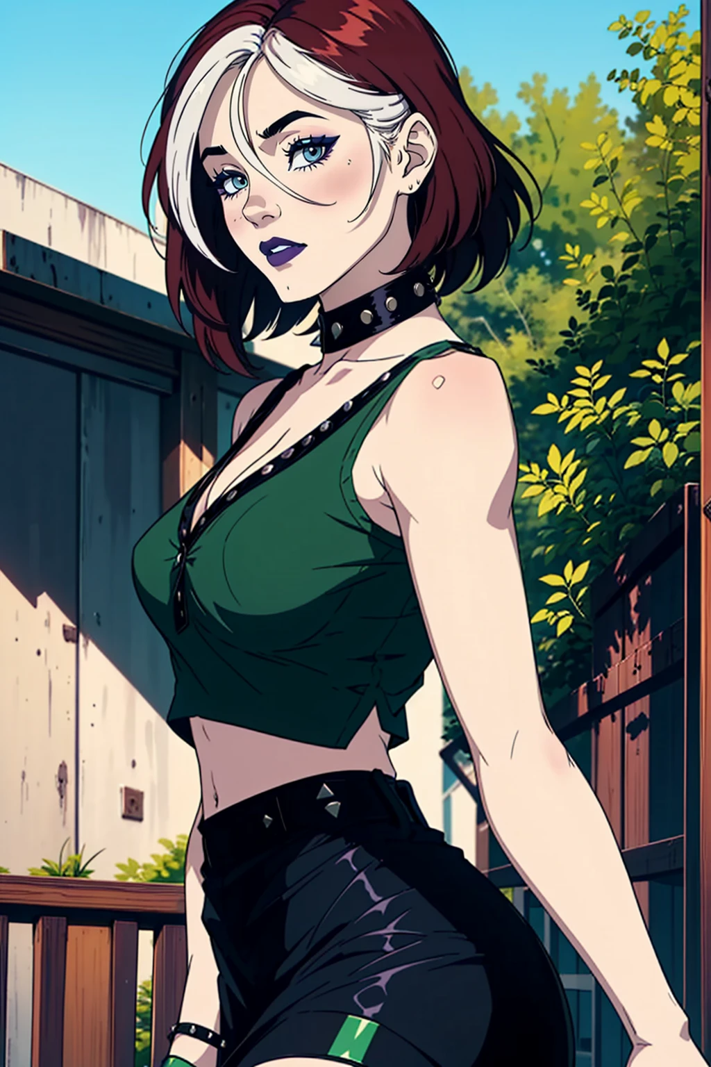 (masterpiece, best quality, ultra-detailed), 1girl, RogueXME, two-tone hair, (red hair), white bangs, green eyes, purple makeup, purple lipstick, studded collar, medium breasts, green shirt, black skirt, mini skirt, outdoors, backwards, looking back