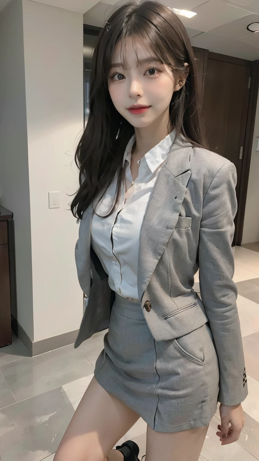 1girl,gray business suit,croped jacket,white shirt,shorts, high heels, career woman