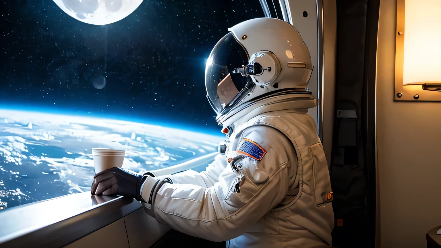 {best quality}, {ultra-detailed}, {best realistic}, {A dark coffee shop inside a space station}, {I see the big moon outside the window},　Astronaut in all-white spacesuit holding a coffee cup at a bar counter, 　{Space suit full face helmet},　Moonlight, {Space Station},　{Astronaut looking out the window},　Super elaborate fingers, Side view, Superb hands,　Meteors, Mirror full face,